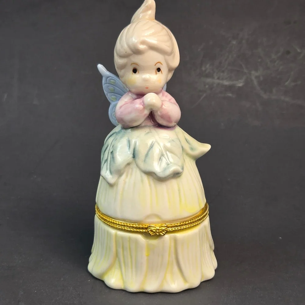 Vintage Porcelain Fairy Hinged Trinket Box Pastel Angel Figurine Gold Tone Clasp